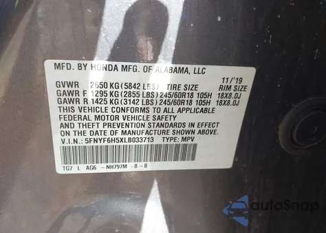 2020 Honda Pilot Awd Ex-L from USA, damaged, VIN 5FNYF6H5XLB033713